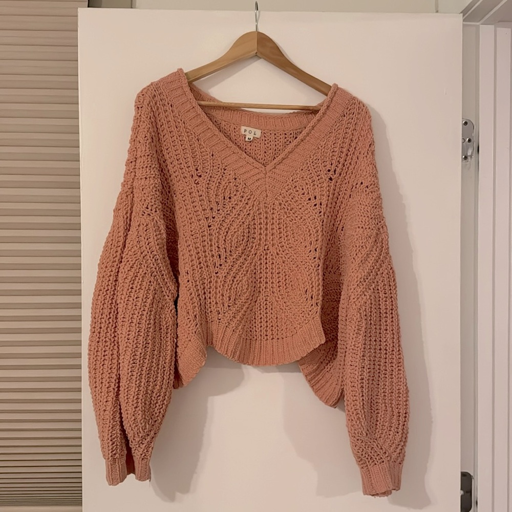 Knit sweater, cozy off the shoulder